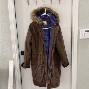 Old Navy Brown Coat with Fur Hood and Plaid Lining